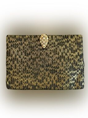 Vintage Koret Gold Black Brocade Evening Clutch Rhinestone Embellished Closure